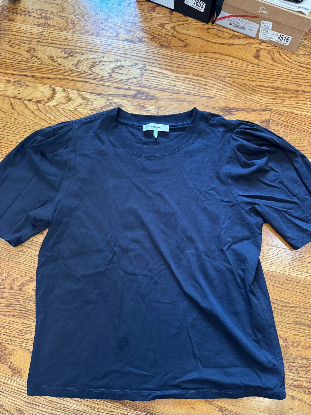 FRAME Navy Organic Cotton Puff Sleeve Top Size M